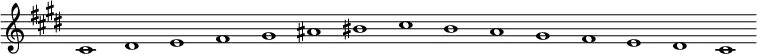 
\new Staff {
  \relative c' {
    \key cis \minor
    \override Staff.TimeSignature #'stencil = ##f
    \override Staff.BarLine #'stencil = ##f
     cis1 dis e fis gis ais bis cis b a gis fis e dis cis
  }
}
\midi {
  \context {
    \Score
    tempoWholesPerMinute = #(ly:make-moment 120 1)
  }
}
