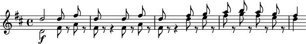 
\header {
  tagline = ##f
}

\score {
  \new Staff \with {

  }
<<
  \relative c'' {
    \key d \major
    \time 4/4
    \override TupletBracket #'bracket-visibility = ##f 
    \autoBeamOff

     %%%%%%%%%%% K 73n/95 - remonter les silences
     << { d2 d8 s8 fis8 s8 d8 s8 s4 d8 s8 fis8 s8 d8 s8 s4 fis8 s8 g8 s8 a8 s8 b8 s8 a8 s8 g8 s8 fis4 } \\ { d,2\f fis8 r8 a8 r8 fis8 r8 r4 fis8 r8 a8 r8 fis8 r8 r4 d'8 r8 e8 r8 fis8 r8 g8 r8 fis8 r8 e8 r8 d4 } >>

  }
>>
  \layout {
    \context {
      \remove "Metronome_mark_engraver"
    }
  }
  \midi {}
}
