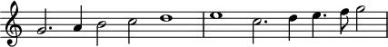 
\header {
  tagline = ##f
}

\score {
  \new Staff \with {
     \remove "Time_signature_engraver"
  }
<<
  \relative c'' {
    \key c \major
    %\clef bass
    \time 6/2
    \override TupletBracket #'bracket-visibility = ##f 

     %%% f° 11...
     g2. a4 b2 c d1 e  c2. d4  e4. f8 g2

  }
>>
  \layout {
     \context { \Score \remove "Metronome_mark_engraver" }
  }
  \midi {}
}
