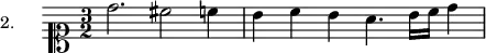 
\version "2.18.2"
\header {
  tagline = ##f
}

\score {
  \new Staff \with {

  }
<<
  \relative c'' {
    \set Staff.instrumentName = #"2."
    \clef soprano
    \key c \major
    \time 3/2
    \set Staff.midiInstrument = #"recorder" 
     %%%%%% section 2
     d2. cis2 c!4 b4 c b a4. b16 c d4

  }
>>
  \layout {
     \context { \Score \remove "Metronome_mark_engraver" }
  }
  \midi {}
}
