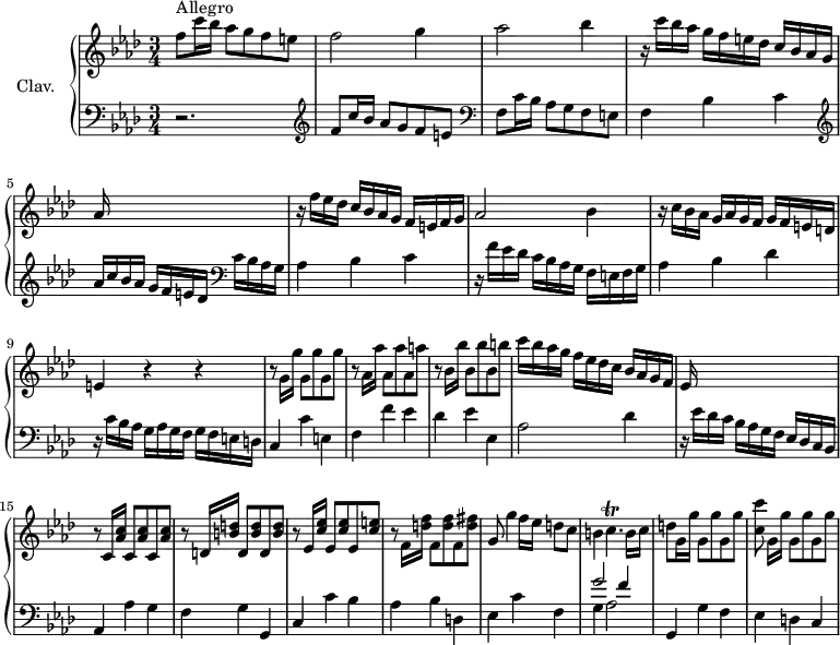 
\version "2.18.2"
\header {
  tagline = ##f
}

%% les petites notes
trillCqp = { \tag #'print { c4.\trill } \tag #'midi { d32 c d c d c d c~ c8 } } % 3*16


upper = \relative c'' {
  \clef treble 
  \key f \minor
  \time 3/4
  \tempo 4 = 112
  \set Staff.midiInstrument = #"harpsichord"

   f8^\markup{Allegro} c'16 bes aes8 g f e | f2 g4 | aes2 bes4 | r16 c16 bes aes g f e des c bes aes g | { \tag #'print { aes16 } \tag #'midi { s16 } } s16 s8 s2 | 
   % ms. 6
   r16 f'16 ees des c bes aes g f e! f g | aes2 bes4 | r16 c bes aes g aes g f g f e! d | e4 r4 r4 | 
   % ms. 10
   r8 g16 g' g,8 g' g, g' | r8 aes,16 aes' aes,8 aes' aes, a' | r8 bes,16 bes' bes,8 bes' bes, b' | c16 bes aes g f ees des c bes aes g f | ees16 s16 s8 s2 | 
   % ms. 15
   r8 c16 < aes' c > c,8 < aes' c >8 c, < aes' c > | r8 d,!16 < b' d > d,8 < b' d >8 d, < b' d > | r8 ees,16 < c' ees > ees,8 < c' ees >8 ees, < c' e! > | r8 f,16 < d'! f > f,8 < d' f >8 f, < d' fis > |
   % ms. 19
   g,8 g'4 f16 ees d!8 c | b!4 \trillCqp b16 c | d!8 g,16 g' g,8 g' g, g' | < c, c' >8 g16[ g'] g,8 g' g, g' | 

}

lower = \relative c {
  \clef bass
  \key f \minor
  \time 3/4
  \set Staff.midiInstrument = #"harpsichord"

    % **************************************
    r2. | \clef treble f'8 c'16 bes aes8 g f e  \clef bass f,8 c'16 bes aes8 g f e | f4 bes c | 
    \clef treble aes'16 c bes aes g f e des \clef bass c bes aes g | aes4 bes c | r16 f16 ees des c bes aes g f e! f g | aes4 bes des | 
    % ms. 9
    r16 c16 bes aes g aes g f g f e! d | c4 c' e,! | f f' ees | des ees ees, | aes2 des4 | r16 ees16 des c bes aes g f ees des c bes |
    % ms. 15
    aes4 aes' g | f g g, | c c' bes | aes bes d, | ees c' f, | << { g'2 f4 } \\ { g,4 aes2 } >>
    % ms. 21
    g,4 g' f | ees d! c | 
}

thePianoStaff = \new PianoStaff <<
    \set PianoStaff.instrumentName = #"Clav."
    \new Staff = "upper" \upper
    \new Staff = "lower" \lower
  >>

\score {
  \keepWithTag #'print \thePianoStaff
  \layout {
      #(layout-set-staff-size 17)
    \context {
      \Score
     \override SpacingSpanner.common-shortest-duration = #(ly:make-moment 1/2)
      \remove "Metronome_mark_engraver"
    }
  }
}

\score {
  \keepWithTag #'midi \thePianoStaff
  \midi { }
}
