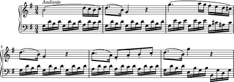 
\version "2.18.2"
\header {
  tagline = ##f
}
upper = \relative c'' {
    \tempo "Andante"
    \key g \major
    \time 3/4
    \tempo 4 = 70
    b2^\markup{ \italic {Andante} } (d16 c b c)
    d8. (b16) g4 r
    g'4. (a16 g fis e d cis)
    d8. (b16) g4 r
    c8. (a16) fis8-. a-. b-. c-.
    d8. (b16) g'4 r
  }

lower =\relative c' {
    \clef "bass"
    \set Staff.midiMinimumVolume = #0.2 \set Staff.midiMaximumVolume = #0.5
    \key g  \major
    \time 3/4
     \repeat unfold 2 { g16 d' b d } a d c d
     \repeat unfold 3 { g,16 d' b d }
     \repeat unfold 2 { g,16 e' c e } g, cis ais cis
     \repeat unfold 3 { g16 d' b d }
     \repeat unfold 3 { a16 d c d }
     g,16 d' b d e, b' g b b, g' d g
  }
\score {
  \new PianoStaff <<
    \new Staff = "upper" \upper
    \new Staff = "lower" \lower
  >>
  \layout {
    \context {
      \Score
      \remove "Metronome_mark_engraver"
    }
  }
  \midi { }
}
