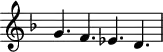 
\version "2.18.2"
\header {
  tagline = ##f
}

\score {
  \new Staff \with {
    \remove "Time_signature_engraver"
  }
  \relative c'' {
    \key f \major
    \time 6/4
    \tempo 4 = 60
    \autoBeamOff
    \clef treble
    \override Rest #'style = #'classical
    \set Staff.midiInstrument = #"violin"

  g4. f ees d

  }
  \layout {
    \context {
      \Score
      \remove "Metronome_mark_engraver"
    }
  }
  \midi {}
}

