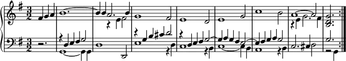 \version "2.18.2"
\header {
tagline = ##f
}
upper = \relative c' {
\clef treble
\key g \major
\time 3/2
\tempo 2 = 88
\set Staff.midiInstrument = #"harpsichord"
%%Froberger — Courante (double), Suite Mayerin
\partial 2. fis4 g a
<< { b1.~ b4 b a2. b4 } \\ { s1. s2 r4 e,4 fis2 } >>
g1 fis2 e1 d2 e1 g2 c1 b2
<< { a1~ a2 } \\ { r4 e4 g2. fis4 } >>
< g d b >2. \bar ":|."
}
lower = \relative c {
\clef bass
\key g \major
\time 3/2
\set Staff.midiInstrument = #"harpsichord"
r2. << { r4 d4 e fis g2 } \\ { g,1~ g4 g } >>
d'1 d,2
<< { r4 g'4 b cis d2 } \\ { e,1 r4 d4 } >>
<< { r4 d4 e fis g2~ } \\ { c,1 r4 b4 } >>
<< { g'4 a g fis e2~ } \\ { c1~ c4 b } >>
<< { e4 fis g a g2 } \\ { a,1 r4 b4 } >>
c2. cis4 d2
<< { g2. } \\ { r2 g,4 } >>
}
\header {
piece = ""
}
\score {
\new PianoStaff <<
\new Staff = "upper" \upper
\new Staff = "lower" \lower
>>
\layout {
#(layout-set-staff-size 17)
\context {
\Score
\override SpacingSpanner.common-shortest-duration = #(ly:make-moment 1/2)
\remove "Metronome_mark_engraver"
}
}
\midi { \set Staff.midiInstrument = #"harpsichord" }
}