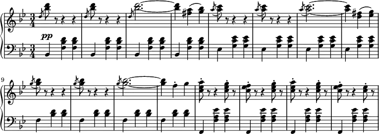 
 \relative c' {
 \new PianoStaff <<
  \new Staff { \key g \minor \time 3/4
\set Score.tempoHideNote = ##t
   \tempo 2. = 52
   \slashedGrace d'8 <bes' d> r r4 r \slashedGrace d,8 <bes' d> r r4 r \slashedGrace d,8 <bes' d>2.~ <bes d>4 <fis a>( <g bes>) \slashedGrace a8( <a c>) r r4 r \slashedGrace a8( <a c>) r r4 r \slashedGrace a8( <a c>2.~) <a c>4 <d, fis>( <ees g>) \slashedGrace g8( <g bes>) r r4 r \slashedGrace g8( <g bes>) r r4 r \slashedGrace g8( <g bes>2.~) <g bes>4 f-. g <c, ees a>8-. r r4 <c ees g>8-. r <c ees f>8-. r r4 <c ees g>8-. r <c ees a>-. r r4 <c ees g>8-. r <c ees f>-. r r4 <c ees>8-. r
  }
  \new Dynamics {
  \slashedGrace s8 s\pp
   }
  \new Staff { \key g \minor \time 3/4 \clef bass \slashedGrace s8
   bes,,4 <f' bes d> <f bes d>   bes, <f' bes d> <f bes d>
     bes, <f' bes d> <f bes d>    bes, <f' bes d> <f bes d>
     ees <g c ees> <g c ees>     ees <g c ees> <g c ees>
     ees <g c ees> <g c ees>     ees <g c ees> <g c ees>
     f <bes d> <bes d>        f <bes d> <bes d>
     f <bes d> <bes d>        f <bes d> <bes d>
     f, <f' a ees'> <f a ees'>    f, <f' a ees'> <f a ees'>
     f, <f' a ees'> <f a ees'>    f, <f' a ees'> <f a ees'>
  }
 >>
 }
