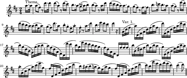 
\version "2.18.2"
\header {
  tagline = ##f
}

\score {
  \new Staff \with {

  }
<<
  \relative c'' {
    \key d \major
    \time 2/4
    \tempo 4 = 72
    \override TupletBracket #'bracket-visibility = ##f 

     %%%%%% Weber, tema
     \partial 8
     a'16.^\markup{Thema.} a32 | a8( fis) r8 d'16. d32 | d8( a) r8 d16( cis) | b8. a16 g8\turn(  a16 b) | b8( a) r8 a16 d |
     % ms. 5
     d16( cis b a)  a8. g16 | g8( fis) r8 fis16. fis32 |  b8. c16 b8. a16 | a8( g) r8 e'16( d) | d( cis b a) a( b e, a) |
     % ms. 10
     g8( fis) d'8. a16 | b8-. g-. e-. a-. | fis-. r8 a8. d16 | b8. e16 d8 cis | d4 r16  \bar "||" 

     % ms. 1 var 1.
     a,16(^\markup{Var. 1.} d fis | a) d,,( fis a d) fis( a fis d') fis,,( a d fis) a( d cis | b) g( d b g) g'( a b | a) fis( d a fis) d( d'' cis |
     % ms. 6 var 1.
     b16) g( e' d cis b a g | fis) d a fis d fis' fis fis | b b,( dis fis b) fis( b a | g) e,( g b e) g( b a) | a-. a,( cis e a) cis( e g,)
     % ms. 11 var 1.
     fis16) d,( fis a d) fis( a d | b) ais( b a g) e( a g | fis) d,( fis a d) fis( a d | cis) b( g' e d) fis( e cis) | cis4( d8) \bar "||" 

  }
>>
  \layout {
      #(layout-set-staff-size 17)
    indent = #3
     \context { \Score \remove "Metronome_mark_engraver" 
     \override SpacingSpanner.common-shortest-duration = #(ly:make-moment 1/2)
}
  }
  \midi { \set Staff.midiInstrument = #"flute" }
}
