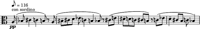 
\version "2.14.2"
\header {
  tagline = ##f
}

\score {
  \new Staff \with {
    \remove "Time_signature_engraver"
  }
  \relative c' {
  \clef alto
  \key a \minor
  \time 8/8
  \tempo 8 = 116
  % \override Rest #'style = #'classical
  % \set Staff.midiInstrument = #""

    % Le sujet de la Musique pour cordes, percussion et célesta 
    \partial 8 a8(^\markup{con sordino}\pp bes cis4 c! b!8) r8 a8( | \time 12/8 bis8--[ cis d] ees c!4 b! bes8) r8 cis( e! \time 8/8 dis8--[ d! c!] cis b!)
    r8 c!8( ees | \time 7/8 d4-- cis8[ b] c! bes4) % les changements de mesure ne s'impriment pas ?!

  }
  \layout {
    \context {
      \Score
      % \remove "Metronome_mark_engraver"
    }
  }
  \midi {}
}
