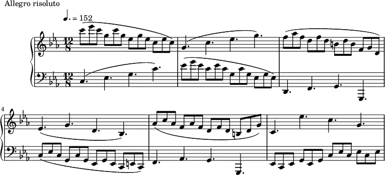
\version "2.18.2"
\header {
  tagline = ##f
}
upper = \relative c'' {
  \clef treble 
  \key c \minor
  \time 12/8
  \tempo 4. = 152
  %\autoBeamOff

   %%Montgeroult — Étude 29 (pdf p. )
   c'8( ees c g c g ees g ees c ees c) g4.( c ees g)
   f8( aes f d f d b! d b f g d)
   ees4.( g d bes)
   aes'8( c aes f aes f d f d b! d g)
   c,4. ees' c g

}

lower = \relative c {
  \clef bass
  \key c \minor
  \time 12/8

   c4.( ees g c) ees8( g ees c ees c g c g ees g ees)
   d,4. f g g,
   c'8( ees c g c g ees g ees c e! c)
   f4. aes g g,
   ees'8 c ees g ees g c ees c ees c ees

}

  \header {
    piece = "Allegro risoluto"
  }

\score {
  \new PianoStaff <<
    \new Staff = "upper" \upper
    \new Staff = "lower" \lower
  >>
  \layout {
    \context {
      \Score
      
    }
  }
  \midi { }
}
