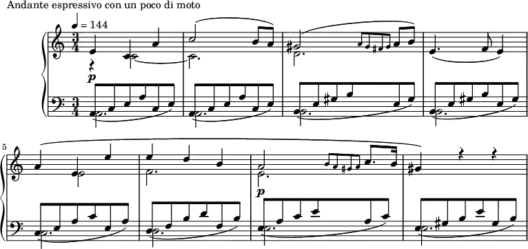 
\version "2.18.2"
\header {
  tagline = ##f
}
upper = \relative c' {
  \clef treble 
  \key a \minor
  \time 3/4
  \tempo 4 = 144
  %\autoBeamOff

   %%Montgeroult — Étude 38 (pdf p. 93)
   << { e4\p c a' c2( b8 a) gis2( \grace { a8 gis fis gis } a8 b) } \\ { r4 c,2~ c2. d } >> e4.( f8 e4)
   << { a4\( e e' e d b a2\p \grace { b8 a gis a } c8. b16 gis4\) r4 r4 } \\ { s4 e2 f2. e } >>

}

lower = \relative c {
  \clef bass
  \key a \minor
  \time 3/4

   << { \repeat unfold 2 { a8_( c e a c, e) } \repeat unfold 2 { b8_( e gis b e, gis) } c,8_( e a c e, a)  d,_( f b d f, b)  e,_( a c e a, c)  e,_( gis b e gis, b) } \\ { a,2. a b b c d e e } >>

}

  \header {
    piece = "Andante espressivo con un poco di moto"
  }

\score {
  \new PianoStaff <<
    \new Staff = "upper" \upper
    \new Staff = "lower" \lower
  >>
  \layout {
    \context {
      \Score
      
    }
  }
  \midi { }
}
