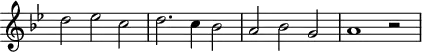 
\header {
  tagline = ##f
}

\score {
  \new Staff \with {
     \remove "Time_signature_engraver"
  }
<<
  \relative c'' {
    \key bes \major
    %\clef bass
    \time 3/2
    \override TupletBracket #'bracket-visibility = ##f 

     %%% f° 109
     d2 ees  c  d2.  c4 bes2  a  bes g a1 r2
  }
>>
  \layout {
     \context { \Score \remove "Metronome_mark_engraver" }
  }
  \midi {}
}
