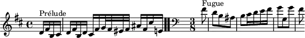 
\version "2.18.2"
\header {
  tagline = ##f
}

\score {
  \new Staff \with {

  }
<<
  \relative c' {
    \key b \minor
    \time 4/4
	\set Staff.midiInstrument = #"harpsichord" 

     %% INCIPIT CBT II-24, BWV 893, si mineur
     \partial 4
     s4*0^\markup{Prélude} d16 fis b, cis d fis b, d cis fis g32 fis eis fis ais16 fis cis' e, \bar ".."
      \skip 8*1
      \override Staff.Clef.extra-offset = #'( -1 . 0 )
      \clef bass
     \time 3/8 \partial 8
     s4*0^\markup{Fugue} fis8 d b ais b cis16 d e fis g8 g, g' fis

  }
>>
  \layout {
     #(layout-set-staff-size 17)
     \context { \Score \remove "Metronome_mark_engraver"
     \override SpacingSpanner.common-shortest-duration = #(ly:make-moment 1/2) 
       }
  }
  \midi {}
}
