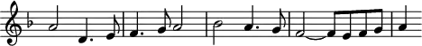 
\header {
  tagline = ##f
}

\score {
  \new Staff \with {
     \remove "Time_signature_engraver"
  }
<<
  \relative c'' {
    \key d \minor
    \time 4/4
    \override TupletBracket #'bracket-visibility = ##f 
    %\autoBeamOff

     %%%%%%%%%
     a2 d,4. e8 f4. g8 a2 bes a4. g8 f2~ f8[ e f g] a4

  }
>>
  \layout {
     \context { \Score \remove "Metronome_mark_engraver" }
  }
  \midi {}
}

