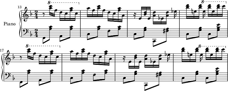 
\version "2.18.2"
\header {
  tagline=##f
}
upper=\relative c'' {
  \clef treble 
  \key f \major
  \time 2/4
  \tempo 4=150 % original à 168 !
  \tempo "Molto Allegro"
  %\autoBeamOff
  \set Score.currentBarNumber=#13
  %\set Staff.midiInstrument=#"recorder"
  \bar ""

  \repeat unfold 2 { \ottava #0 r8 \ottava #1 \set Staff.ottavation=#"8" < a'' c >16 f d c < f a > c \ottava #0 a f < a c >16 f d c < f a > a,|r16 e16 < d' bes >16 e, \stemDown < d' a >[ ees, < d' a >] ees16
  < d' bes >16[ e,! < d' bes >] \set Staff.ottavation=#"8" e, < d' bes >16[ e, < d' bes > c] }
  
}

lower=\relative c {
  \clef bass
  \key f \major
  \time 2/4
    
   \repeat unfold 2 { f,8 < a' c >8 a, < a' c >8|c, < a' c >8 f < a c >8|c, < bes' g >8 \stemDown c,, < fis' a >8|c < bes' g >8 c, < e' bes g >8 }
}

\score {
  \new PianoStaff <<
    \set PianoStaff.instrumentName=#"Piano"
    \new Staff="upper" \upper
    \new Staff="lower" \lower
  >>
  \layout {
      #(layout-set-staff-size 17)
    \context {
      \Score
      \remove "Metronome_mark_engraver"
      \override SpacingSpanner.common-shortest-duration=#(ly:make-moment 1/2)
    }
  }
  \midi { }
}
