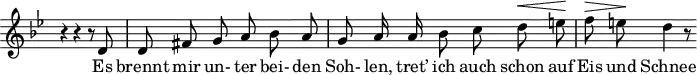 
\header {
  tagline = ##f
}

\score {
  \new Staff \with {
    \remove "Time_signature_engraver"
  }
<<
  \relative c' {
    \key g \minor
    \time 3/4
    \set Score.currentBarNumber = #10
    \autoBeamOff

    %%%%%%%%%%%%%%%%%%%%%%%%%%%%% no 8 Rückblick
     r4 r4 r8 d8 | d fis g a bes a | g a16 a bes8 c d^\< e!\! | f^\> e!\! d4 r8

  }

  \addlyrics {
     Es brennt mir un- ter bei- den Soh- len, tret’ ich auch schon auf Eis und Schnee
  }
>>
  \layout {
    \context {
      \remove "Metronome_mark_engraver"
    }
  }
  \midi {}
}
