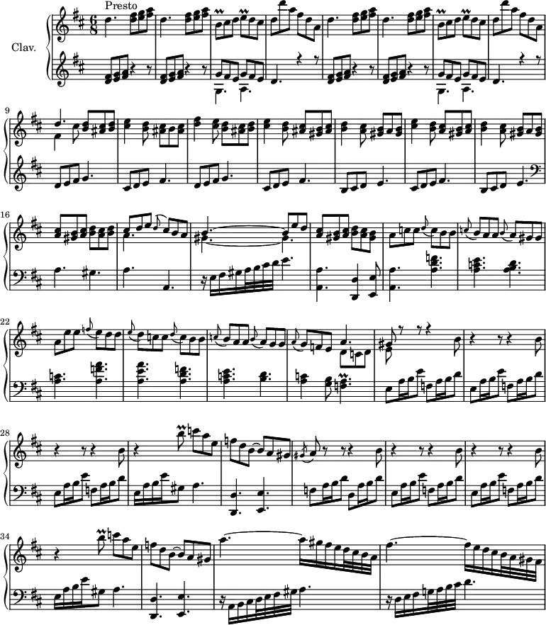 
\version "2.18.2"
\header {
  tagline = ##f
}

%% les petites notes
trillBup = { \tag #'print { b'8\prall } \tag #'midi { c32 b c b } }
trillBdn = { \tag #'print { b,8\prall } \tag #'midi { c32 b c b } }
trillBdncis = { \tag #'print { b,8\prall } \tag #'midi { cis32 b cis b } }

trillE = { \tag #'print { e8\prall } \tag #'midi { fis32 e fis16 } }
trillAq = { \tag #'print { < f a\prall >4. } \tag #'midi { << { b32 a b a~ a4 } \\ { f4. } >> } }

upper = \relative c'' {
  \clef treble 
  \key d \major
  \time 6/8
  \tempo 4. = 110
  \set Staff.midiInstrument = #"harpsichord"

   s8*0^\markup{Presto}
   \repeat unfold 2 {
   \repeat unfold 2 { d4. < d fis >8 < e g > < fis a > } | \trillBdncis cis8 d \trillE d8 cis | d d' a fis d a |
   }

   % ms. 9
   << { d4. < b d >8 < ais cis > < b d > } \\ { fis4 cis'8 } >> | < cis e >4 < b d >8 < ais cis > b < ais cis> |
   % ms. 11
   < d fis >4 < cis e >8 < b d > < ais cis > < b d > | < cis e >4 < b d >8 < ais cis > < gis b > < ais cis > | < b d >4 < a cis >8 < gis b > a < gis b > | < cis e >4 < b d >8 < a cis > < gis b > < a cis > | < b d >4 < a cis >8 < gis b > a < gis b > | 
   % ms. 16
   < a cis >8 < gis b > < a cis > < b d > < a cis > < b d > | << { cis8 d e \appoggiatura d8 cis8 b a | b4.~ b8 e d } \\ { a4. s4. | gis4.~ gis } >> | < a cis >8 < gis b > < a cis > < b d > < a cis > < gis b > | \tempo 4. = 96 a8 c c \appoggiatura d8 c b b | 
   % ms. 21
   \tempo 4. = 110 \appoggiatura c8 b a a \appoggiatura b8 a gis gis | a e' e \appoggiatura f8 e d d | \appoggiatura e8 d c c \appoggiatura d8 c b b | \appoggiatura c8 b a a \appoggiatura b8 a g g | \appoggiatura a8 g f e << { a4. } \\ { d,8 c d } >> |
   % ms. 26
   << { gis8 r8 r8 r4 \stemDown b8 } \\ { e,8 } >> | \repeat unfold 2 { r4 r8 r4 b'8 } | r4 \trillBup c8 a e | f d b~ b a \tempo 4. = 96 gis | 
   % ms. 31
   \acciaccatura gis8 \tempo 4. = 110 a8 r8 r8 r4 b8 | \repeat unfold 2 { r4 r8 r4 b8 } | r4 \trillBup  c8 a e | 
   % ms. 35
   f8 d b~ b a gis | a'4.~ a16 gis fis e d32 cis b a | fis'4.~ fis16 e d cis b32 a gis fis |
   

}

lower = \relative c' {
  \clef bass
  \key d \major
  \time 6/8
  \omit Staff.TimeSignature
  \set Staff.midiInstrument = #"harpsichord"

    % **************************************
     \clef treble
     \repeat unfold 2 {
     \repeat unfold 2 { < d fis >8 < e g > < fis a > r4 r8 } | << { \repeat unfold 2 { g8 fis e } d4. r4 r8 } \\ { g,4. a } >>
     }
     \repeat unfold 2 { d8 e fis g4. | cis,8 d e fis4. } | b,8 cis d e4. | cis8 d e fis4. | b,8 cis d e4. |
     % ms. 16
     \clef bass a,4. gis | a a, | r16 e'16 fis gis a32 b cis d e4. | < a,, a' >4. < d, d' >4 < e e' >8 | < a a' >4. < a' d f > |
     % ms. 21
     < a c e >4. < a b d > | < a c > < a f' a > < a e' a > < a d f > | < a c e > < b d > | < a c >4 < g b >8 \trillAq
     % ms. 26
     \repeat unfold 3 { e8 a16 b e8 f,8 a16 b d8 } | e,16 a b e gis,8 a4. | < d,, d' >4. < e e' > | 
     % ms. 31
     f'8 a16 b d8  d, a'16 b d8 | \repeat unfold 2 { e,8 a16 b e8 f,8 a16 b d8 } | e,16 a b e gis,8 a4. | 
     % ms. 35
     < d,, d' >4. < e e' > | r16 a16 b cis d32 e fis gis a4. | r16 d,16 e fis g!32 a b cis d4. |

}

thePianoStaff = \new PianoStaff <<
    \set PianoStaff.instrumentName = #"Clav."
    \new Staff = "upper" \upper
    \new Staff = "lower" \lower
  >>

\score {
  \keepWithTag #'print \thePianoStaff
  \layout {
      #(layout-set-staff-size 17)
    \context {
      \Score
     \override SpacingSpanner.common-shortest-duration = #(ly:make-moment 1/2)
      \remove "Metronome_mark_engraver"
    }
  }
}

\score {
  \keepWithTag #'midi \thePianoStaff
  \midi { }
}
