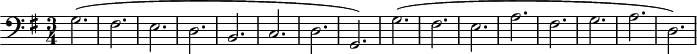 
\version "2.14.2"
\header {
  tagline = ##f
}

\score {
  \new Staff \with {

  }
<<
  \relative c' {
    \key g \major
    \clef bass
    \time 3/4
    \tempo 4 = 120
    \override TupletBracket #'bracket-visibility = ##f 
    \autoBeamOff
    \set Staff.midiInstrument = #"harpsichord"

     %%%%%%%%%%%%%%%%%%%%%%%%%% Ruggiero Goldberg
     g2.( fis e d b c d g,)
     g'( fis e a fis g a d,)

  }
>>
  \layout {
    \context { \Score \remove "Metronome_mark_engraver" }
    \context {
      \remove "Metronome_mark_engraver"
    }
  }
  \midi {}
}
