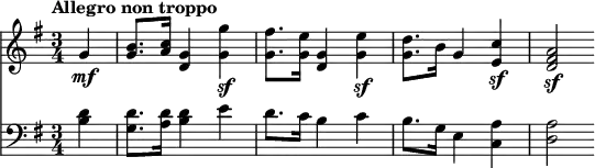 
\version "2.18.2"
<<
  \new Staff  \relative c' {
         \clef "treble" 
         \tempo "Allegro non troppo"
         \key g \major
         \time 3/4 
         
      \partial 4 g'4 \mf
      <g b>8. <a c>16 <g d>4 <g g'>\sf  <g fis'>8. <g e'>16  <g d>4 <g e'> \sf  <g d'>8. b16 g4  <e c'> \sf   <d fis a>2 \sf      
}

 \new Staff \relative c {      
         \clef "bass" 
         \key g \major
         \time 3/4 
         \tempo 4 = 120
        \partial 4 <b' d>4  <g d'>8. <a d>16 <b d>4 e d8. c16 b4 c b8. g16 e4 <c a'> <d a'>2      
 }
>>
