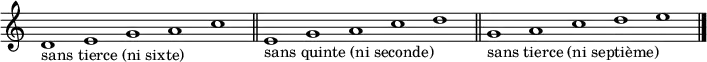 {
\new Staff \with { \remove "Time_signature_engraver" }
\clef treble
\time 5/1
d'1_"sans tierce (ni sixte)" e' g' a' c'' \bar "||"
e'_"sans quinte (ni seconde)" g' a' c'' d'' \bar "||"
g'_"sans tierce (ni septième)" a' c'' d'' e'' \bar "||"
\bar "|."
}