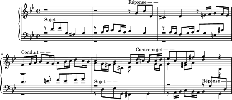 
\version "2.14.2"
\header {
  tagline = ##f
}
upper = \relative c'' {
  \clef treble 
  \key g \minor
  \time 4/4
  \tempo 4 = 62
  %\autoBeamOff

    r1 |
    r2 r8^\markup{Réponse — —} g8 bes d, |
    cis4 d r8 e!16 f g8 f16 e |
    f8^\markup{Conduit — —} g16 a bes8 a16 g a8 bes16 c d8 c16 bes |
    << { c4 bes a8 d16^\markup{Contre-sujet — —} c! bes8 c16 d } \\ { a8 g16 fis g8 cis,8 d a'4 g16 fis } >>
    << { ees'8 c a fis' g4 r4 } \\ { g,4 fis8 a d4 r4 } >>

}

lower = \relative c {
  \clef bass
  \key g \minor
  \time 4/4

    << { r8^\markup{Sujet — —} d'8 ees g, fis4 g } \\ { r1 } \\ { r1 } >> 
    << { r8 a16 bes c8 bes16 a bes4 g } \\ { r1 } \\ { r1 } >> 
    << { r8 a16 g f8 g16 a bes8 g e! cis' } \\ { r1 } \\ { r1 } >> 
    << { d4. e!8 f e f g } \\ { r1 } \\ { r1 } >> 
    << { r1 } \\ { r8^\markup{Sujet — —} d,8 ees g, fis4 g } >>
    << { r2 r8^\markup{Réponse — —} g'8 \change Staff = "upper" \stemDown bes \change Staff = "lower" \stemUp d, } \\ { r8 a16 bes c8 bes16 a  bes4 g  } >>

}

\score {
  \new PianoStaff <<
    % \set PianoStaff.instrumentName = #"BWV 861"
    \new Staff = "upper" \upper
    \new Staff = "lower" \lower
  >>
  \layout {
    \context {
      \Score
      \remove "Metronome_mark_engraver"
    }
  }
  \midi { }
}
