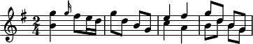 
\header {
  tagline = ##f
}

\score {
  \new Staff \with {

  }
<<
  \relative c'' {
    \key g \major
    \time 2/4
    \override TupletBracket #'bracket-visibility = ##f 
    %\autoBeamOff

     %%%%%%%%%%%%%%%%%%%%%%%%%% K15e
     < g' b, >4 \grace g16 fis8 e16 d g8 d b g 
     << { e'4 fis g8 d b g } \\ { c4 a b8 d b g } >>

  }
>>
  \layout {
    \context {
      \remove "Metronome_mark_engraver"
    }
  }
  \midi {}
}

