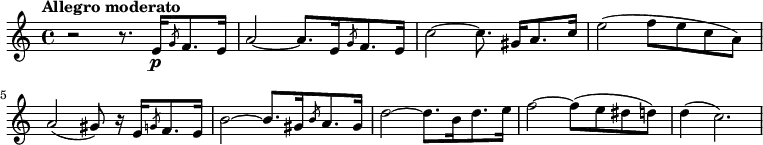 
\new Staff \with {
  midiInstrument = "violin"
}
\relative c'' {
    \version "2.18.2"
    \key a \minor
    \time 4/4
    \tempo "Allegro moderato"
    \tempo 4 = 132
    
    r2  r8.  e,16 \p [\slashedGrace g8 f8. e16]
    a2~ a8. [e16 \slashedGrace g8 f8. e16]
    c'2~ c8. gis16 [a8. c16]
    e2 (f8 [e8 c8 a8)]
    a2 (gis8) r16 e16 [\slashedGrace g8 f8. e16]
    b'2~ b8. [gis16 \slashedGrace b8 a8. gis16]
    d'2~ d8. [b16 d8. e16]
    f2~ f8 (e8 dis8 d8)
    d4 (c2.) 
}
