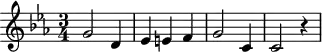 
\header {
  tagline = ##f
}

\score {
  \new Staff \with {

  }
<<
  \relative c'' {
    \key ees \major
    \time 3/4
    \tempo 4 = 80
    \override TupletBracket #'bracket-visibility = ##f 
    %\autoBeamOff
    \set Staff.midiInstrument = #"string ensemble 1"

     %%%%%%%%%%%%%%%%%%%%%%%%%% AB 3-2 th2
     g2 d4 ees e! f g2 c,4 c2 r4

  }
>>
  \layout {
    \context { \Score \remove "Metronome_mark_engraver"
    }
  }
  \midi {}
}
