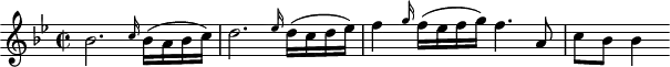 
\header {
  tagline = ##f
}

\score {
  \new Staff \with {

  }
<<
  \relative c'' {
    \key bes \major
    \time 2/2
    \override TupletBracket #'bracket-visibility = ##f 
    \autoBeamOff

     %%%%%%%%%%%%%%%%%%%%%%%%%% K31
     bes2. \grace c16 bes16[( a bes c)] d2. \grace ees16 d16[( c d ees)] f4 \grace g16 f16[( ees f g)] f4. a,8 c8[ bes] bes4

  }
>>
  \layout {
    \context {
      \remove "Metronome_mark_engraver"
    }
  }
  \midi {}
}
