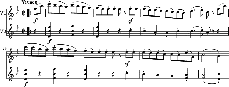 
 \version "2.18.2"
<<
  \new Staff \with { instrumentName = #"V1"}
\relative c'' {
  \key bes \major
  \time 2/2
  \tempo "Vivace"
  \tempo 4 = 200
  \set Score.currentBarNumber = #24

 \bar ".|:"
 \partial 4 f8 \f (bes) d (c bes a) c (bes a g)
  g (f) f-. f-. f r f-.\sf f-.
  f (ees) ees (d) d (c) c (bes)
  d4. (ees8) c-. r f (bes) d (c bes a) c (bes a g)
  g (f) f-. f-. f r f-.\sf f-.
  f (ees) ees (d) d (c) ees (a,)
  c2 (bes4-.)
}

\new Staff \with { instrumentName = #"V2"}
\relative c' {
  \key bes \major
  \time 2/2

   \bar ".|:"
   \partial 4 r4
   <d bes' f'>4\f r <ees bes' g'> r
   <d bes' f'> r r c'-.
   bes-. a-. g-. bes-.
   bes4. (c8) a-. r r4
  <d, bes' f'>4\f r <ees bes' g'> r
   <d bes' f'> r r c'-. 
   bes-. a-. g-. <ees a>-.
   <ees a>2 (<d bes'>4-.)
}
>>
