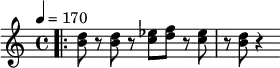 {\clef G \time 4/4 \tempo 4 = 170 \bar ".|:" <d'' b'>8 r8 q r8 <ees'' c''>[ <f'' d''>] r8 <ees'' c''>8 \bar "|" r8 <d'' b'> r4}