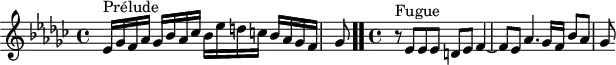 
\version "2.18.2"
\header {
  tagline = ##f
}

\score {
  \new Staff \with {

  }
<<
  \relative c' {
    \key ees \minor
    \time 4/4
	\set Staff.midiInstrument = #"harpsichord" 

     %% INCIPIT CBT II-8, BWV 881, ré dièse mineur
     ees16^\markup{Prélude} ges f aes ges bes aes ces bes ees d c bes aes ges f \once \override Staff.TimeSignature #'stencil = ##f \time 1/8 ges8 \bar ".." \time 4/4
     r8^\markup{Fugue} ees8 ees ees d ees f4~ f8 ees aes4. ges16 f bes8 aes ges

  }
>>
  \layout {
     \context { \Score \remove "Metronome_mark_engraver"
     \override SpacingSpanner.common-shortest-duration = #(ly:make-moment 1/2)
        }
  }
  \midi {}
}
