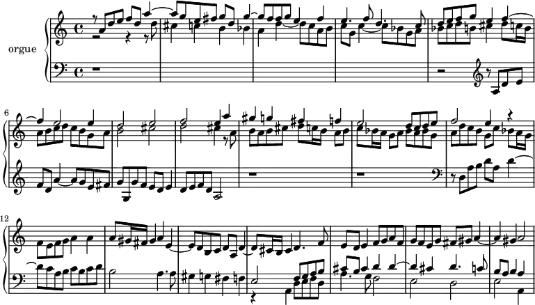 \version "2.18.2"
\header {
tagline = ##f
}
tema = { r8 a8 d e f d a'4~ a8 g e fis g }
temabasse = { r8 d8 a' b d a d4~ d8 c a b c }
upper = \relative c'' {
\clef treble
\key c \major
\time 4/4
\tempo 4 = 105
\set Staff.midiInstrument = #"church organ"
<< { \tema d g4~ g8 f f g e4 f | e4. f8 d4. c8 } \\ { r2 r4 r8 d8 | cis4 c b bes | a d~ d8 c a b | c g c4~ c8 bes g a } >>
% Ms 5
<< { d8 e f g e4 f~ | f e2 e4 | d2 e | f e4 a } \\ { bes,8 c d b cis4 d8 c!16 b | a8 b c d c b g a | b2 cis | d cis4 r8 a8 } >>
% Ms 9
<< { gis'4 g fis f | e2 d8 c d e | f2 e4 r4 } \\ { b8 a b cis d8 c!16 b a8 b | c bes16 a g8 a bes a bes g | a d c b g c bes a16 g | f8 e f g a4 a~ } >>
% Ms 13
a8 gis16 fis gis4 a e~ | e8 d b c d a d4~ | d8 cis16 b cis4 d4. f8 | e8 d e4 f8 g a f | g f e g fis gis a4~ a gis a2
}
lower = \relative c' {
\clef bass
\key c \major
\time 4/4
\set Staff.midiInstrument = #"church organ"
r1*4 r2 \clef treble \tema g,8 g' f e d e4 | d8 e f d a2 r1 r1
\clef bass
% Ms 11
{ \relative c \temabasse } b8 c d | b2 a4. a8 | gis4 g fis f |
<< { e2 f8 g a b | cis b cis4 d4 d~ d cis d4. c!8 b a b4 a s4 } \\ { r4 a,4 d8 e f d a'4. g8 f2 | e d e2 a,4 } >>
}
\score {
\new PianoStaff <<
\set PianoStaff.instrumentName = #"orgue"
\new Staff = "upper" \upper
\new Staff = "lower" \lower
>>
\layout {
#(layout-set-staff-size 17)
\context {
\Score
\override SpacingSpanner.common-shortest-duration = #(ly:make-moment 1/2)
\remove "Metronome_mark_engraver"
}
}
\midi { }
}