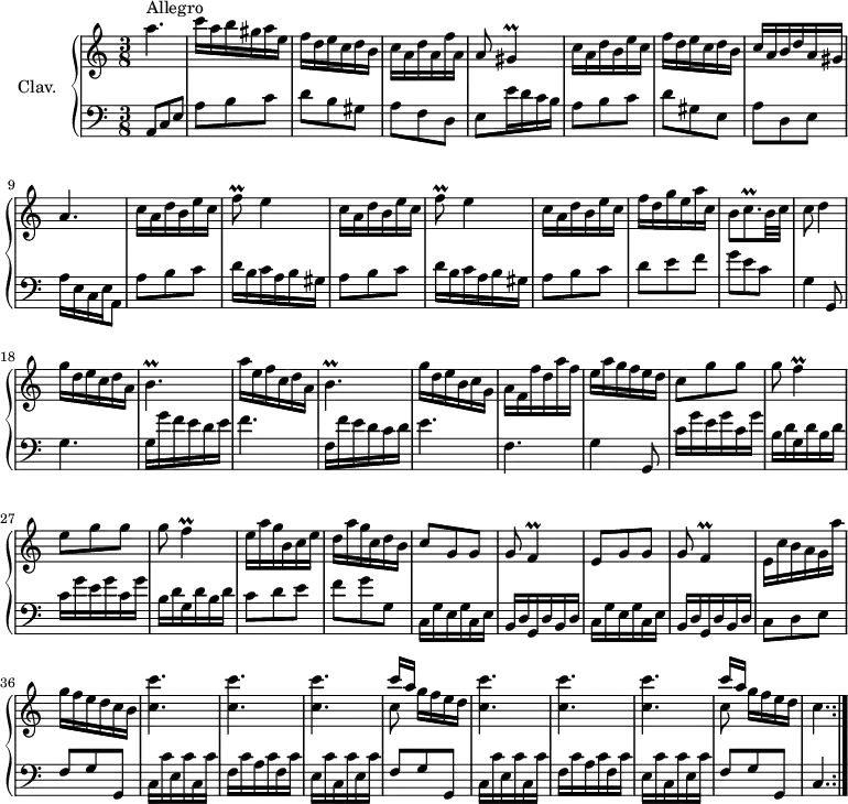 
\version "2.18.2"
\header {
  tagline = ##f
  % composer = "Domenico Scarlatti"
  % opus = "K. 341"
  % meter = "Allegro"
}

%% les petites notes
trillF      = { \tag #'print { f4\prall } \tag #'midi { g32 f g f~ f8 } }
trillFq     = { \tag #'print { f8\prall } \tag #'midi { g32 f g f } }
trillBp     = { \tag #'print { b4.\prall } \tag #'midi { c32 b c b~ b4 } }
trillCqp    = { \tag #'print { c8.\prall } \tag #'midi { d32 c d c~ c16 } }
trillGis    = { \tag #'print { gis4\prall } \tag #'midi { a32 gis a gis~ gis8 } }

upper = \relative c'' {
  \clef treble 
  \key a \minor
  \time 3/8
  \tempo 4. = 72
  \set Staff.midiInstrument = #"harpsichord"

  \repeat volta 2 {
      s8*0^\markup{Allegro}
      a'4. | c16 a b gis a e | f d e c d b | c a d a f' a, | a8 \trillGis | c16 a d b e c |
      % ms. 7
      f16 d e c d b | c a b d a gis | a4. | \repeat unfold 2 { c16 a d b e c | \trillFq e4 }
      % ms. 14
      c16 a d b e c | f d g e a c, | b8 \trillCqp b32 c |   \tempo 4. = 62 c8 d4 | g16 d e c d a | \trillBp | a'16 e f c d a |
      % ms. 21
      \trillBp | g'16 d e b c g | a f f' d a' f | e a g f e d | c8 g' g | g \trillF |
      % ms. 27
      e8 g g | g \trillF | e16 a g b, c e | d a' g c, d b | c8 g g | g \trillF |
      % ms. 33
      e8 g g | g \trillF | e16 c' b a g a' | g f e d c b |  \repeat unfold 2 { < c c' >4. | q |
      % ms. 39
      q | << { c'16[ a] } \\ { c,8 g'16[ f e d] } >> } c4. }%repet

}

lower = \relative c' {
  \clef bass
  \key a \minor
  \time 3/8
  \set Staff.midiInstrument = #"harpsichord"

  \repeat volta 2 {
    % ************************************** \appoggiatura a16  \repeat unfold 2 {  } \times 2/3 { }   \omit TupletNumber 
      a,8 c e | a b c | d b gis | a f d | e e'16 d c b | a8 b c |
      % ms. 7
      d gis, e | a d, e | a16 e c e   \tempo 4. = 32 a,8   \tempo 4. = 72 | \repeat unfold 2 { a'8 b c | d16 b c a b gis }
      % ms. 14
      a8 b c | d e f | g e c | g4   \tempo 4. = 52 g,8   \tempo 4. = 72 | g'4. | g16 g' f e d e | f4. | 
      % ms. 21
      f,16 f' e d c d | e4. | f, | g4 g,8 | \repeat unfold 2 { c'16 g' e g c, g' | b, d g, d' b d } |
      % ms. 29
      c8 d e | f g g, | \repeat unfold 2 { c,16 g' e g c, e | b d g, d' b d } |
      % ms. 35
      c8 d e | f g g, | \repeat unfold 2 { c16 c' e, c' c, c' | f, c' a c f, c' | e, c' c, c' e, c' | f,8 g g, } | c4. }%repet
      

}

thePianoStaff = \new PianoStaff <<
    \set PianoStaff.instrumentName = #"Clav."
    \new Staff = "upper" \upper
    \new Staff = "lower" \lower
  >>

\score {
  \keepWithTag #'print \thePianoStaff
  \layout {
      #(layout-set-staff-size 17)
    \context {
      \Score
     \override TupletBracket.bracket-visibility = ##f
     \override SpacingSpanner.common-shortest-duration = #(ly:make-moment 1/2)
      \remove "Metronome_mark_engraver"
    }
  }
}

\score {
  \unfoldRepeats 
  \keepWithTag #'midi \thePianoStaff
  \midi { }
}

