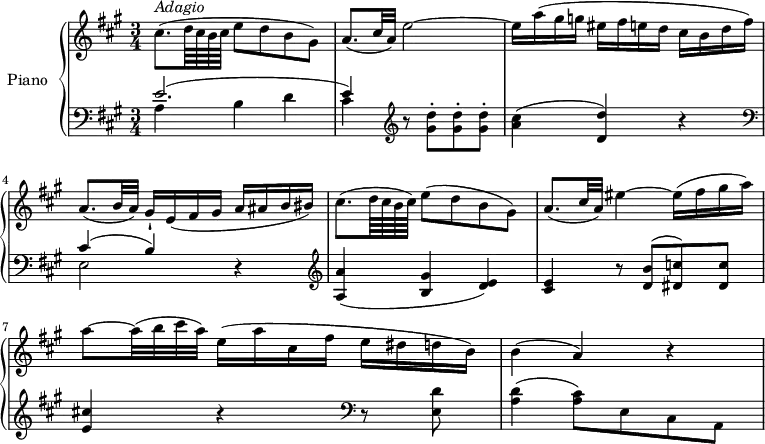 
\version "2.18.2"
\header {
  tagline = ##f
}

upper = \relative c' {
  \clef treble 
  \key a \major
  \time 3/4
  \tempo "Adagio" 4 = 40
    cis'8.  ^\markup{ \italic { Adagio} } (d64 cis b cis e8 d b gis) 
    a8. (cis32 a) e'2 ~ 
    e16 a (gis g eis fis e d cis b d fis)
    a,8. (b32 a) gis16-! e (fis gis a ais b bis)
    cis8. (d64 cis b cis) e8 (d b gis)
    a8. (cis32 a) eis'4 ~ eis16 (fis gis a)
    a8 ~ a32 (b cis a) e16 (a cis, fis e dis d b)
    b4 (a) r
}

lower = \relative c {
  \clef bass
  \key a \major
  \time 3/4
   <<{\stemDown a'4 b d cis} \\ {\stemUp e2. ^(e4)}>>
   \clef treble r8 <gis d'>8-. <gis d'>-. <gis d'>-.
   <a cis>4 (<d, d'>) r \clef bass
   <<{\stemDown e,2} \\ {\stemUp cis'4 ^(b)}>> r4 \clef treble
   <a a'> (<b gis'> < d e>)
   <cis e> r8 <d b'>8 ^ (<dis c'>) <dis c'>
   <e cis'!>4 r \clef bass r8 <e, d'>8 <a d>4 (<a cis>8) e cis a 
} 

\score {
  \new PianoStaff <<
    \set PianoStaff.instrumentName = #"Piano"
    \new Staff = "upper" \upper
    \new Staff = "lower" \lower
  >>
  \layout {
    \context {
      \Score
      \remove "Metronome_mark_engraver"
    }
  }
  \midi { }
}
