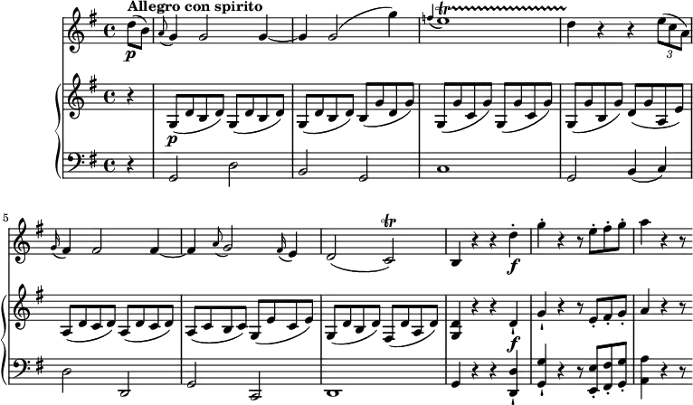 
\version "2.18.2"
\header {
  tagline = ##f
}
upper = \relative c'' {
                 \key g \major
                 \time 4/4
                 \tempo 4 = 140
                 \set Staff.midiMinimumVolume = #0.2 \set Staff.midiMaximumVolume = #0.5
               \partial 4 r4 g,8\p (d' b d)  \repeat unfold 2 { g, (d' b d)}
               b (g' d g) g, ( g' c, g') g, ( g' c, g') g, ( g' b, g') d ( g a, e')
               a, ( d c d) a ( d c d) a (c b c) g ( e' c e) g, ( d' b d) fis, ( d' a d) 
               <g, d'>4 r r d'-!\f g-! r r8 e-. fis-. g-. a4 r r8
            }
lower =      \relative c {
                \clef bass 
                \key g \major
                \time 4/4       
           \partial 4  r4 g2 d' b g c1 g2 b4 (c)
           d2 d, g c, d1  g4 r r <d-! d'> <g-! g'> r r8 <e-. e'> <fis-. fis'> <g-. g'> <a a'>4 r r8
             }
 vl = \relative c'' {
              \key g \major
              \time 4/4
           \partial 4 d8\p ^ \markup {\bold {"Allegro con spirito"} } (b)
           \grace a8 (g4) g2 g4 ~ g g2 (g'4)
           \grace f4 (e1)\startTrillSpan  d4 \stopTrillSpan r r \tuplet 3/2 {e8 (c a)}
           \grace g16 (fis4) fis2 fis4 ~ fis \grace a8 (g2) \grace fis16 (e4) d2 (c \trill)
           b4 r r d'-.\f g-. r r8 e-. fis-. g-. a4 r r8
                 }            
\score {
    \new GrandStaff <<
      \new PianoStaff <<  
        \new Staff = "upper" \upper
        \new Staff = "lower" \lower
    >>
   \new Staff = "vl" \vl
    >>
    
    \layout {
    \context {
      \Score
      \remove "Metronome_mark_engraver"
    }
  }
  \midi { }
}
