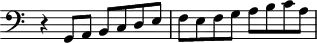 
\header {
  tagline = ##f
}

\score {
  \new Staff \with {
     \remove "Time_signature_engraver"
  }
<<
  \relative c {
    \key c \major
    \clef bass
    \time 2/2
    \override TupletBracket #'bracket-visibility = ##f 

     %%% f° 32
     r4 g8 a b c d e f e f g a b c a

  }
>>
  \layout {
     \context { \Score \remove "Metronome_mark_engraver" }
  }
  \midi {}
}
