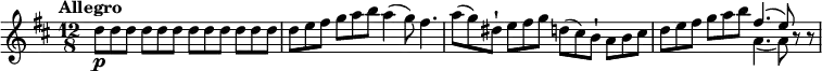 
\relative c' {
         \clef "treble" 
         \version "2.18.2"
         \tempo "Allegro" 
         \key d \major
         \time 12/8
                  d'8\p d d d d d d  d d d d d
                  d e fis g a b a4 (g8) fis4.
                  a8 (g) dis-! e fis g d (cis) b-! a b cis
                  d e fis g a  b << {fis4. (e8)} \\  {a,4. (a8)}>> r8 r8
         
}
