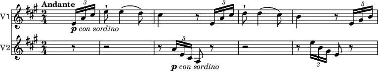 
<<
  \new Staff \with {
       instrumentName = #"V1"
     }
     \relative c'' { 
         \version "2.18.2"
         \clef "treble" 
         \tempo "Andante" 
         \key a \major
         \time 2/4
                  s4.  \tuplet 3/2 {e,16_\markup { \dynamic p  \hspace #0.1  \italic { con sordino } }  a cis}
                   e8-! e4 (d8)  
                   cis4 r8 \tuplet 3/2 {e,16 a cis}
                   d8-! d4 (cis8)
                   b4 r8 \tuplet 3/2 {e,16 gis b}

}
\new Staff \with {
         instrumentName = #"V2" }
   
\relative c'' {
         \clef "treble" 
         \tempo "Andante" 
         \key a \major
         \time 2/4
          s4.  r8 r2
          r8 \tuplet 3/2 {a16_\markup { \dynamic p  \hspace #0.1  \italic { con sordino } } e cis} a8 r8 r2
          r8 \tuplet 3/2 {e''16 b gis} e8 r8
 }
>>
