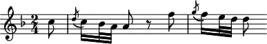 
\header {
  tagline = ##f
}

\score {
  \new Staff \with {

  }
<<
  \relative c'' {
    \key f \major
    \time 2/4
    \override TupletBracket #'bracket-visibility = ##f 
    \autoBeamOff

     %%%%%%%%%%%%%%%%%%%%%%%%%% K33g / Anh 202
     \partial 8 c8 \acciaccatura d8( c16)[ bes32 a] a8 r8 f' \acciaccatura g8( f16)[ e32 d] d8

  }
>>
  \layout {
    \context {
      \remove "Metronome_mark_engraver"
    }
  }
  \midi {}
}
