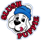 Dessin de la tête d'un chiot blanc avec un bonnet bleu se léchant les babines, entouré de « Slush Puppie » en lettres rouges.