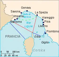 Carte de la mer de Ligurie avec en rouge ses limites selon l'Organisation hydrographique internationale et en bleu selon l'Institut hydrographique de la Marine militaire italienne.