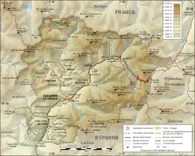 Carte topographique de l'Andorre. La frontière avec la France est située au nord et à l'est du pays.