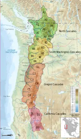 Carte des subdivisions de la chaîne des Cascades avec les monts Methow en A7 (en vert, les North Cascades)