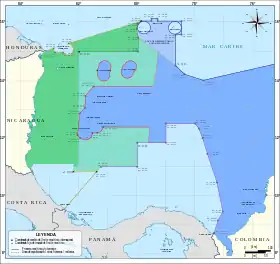 Délimitation de la frontière entre la Colombie et le Nicaragua, selon le jugement de la Cour internationale de justice. Les zones en question : ██ Zone colombienne ██ Zone de régime commun Colombie-Jamaïque ██ Zone anciennement colombienne qui échoit au Nicaragua selon la CIJ ██ Zone nicaraguayenne