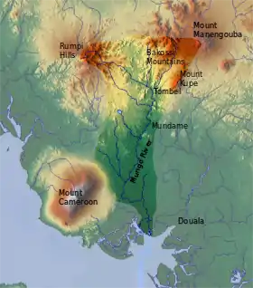 Carte du bassin versant du Moungo avec les monts Rumpi au nord-ouest.