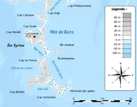 Carte de l'île Lovtsov, à l'est des îles Tyrtov et Jeleznakov.