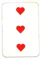 Trois de cœur, jeu hongrois. La valeur de la carte n'est pas indiquée en chiffre dans les coins.