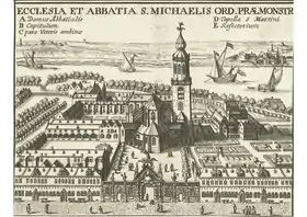 L'abbaye Saint-Michel d'Anvers (gravure du XVIIe&nbsp;siècle d'après Pierre-Paul Rubens)..